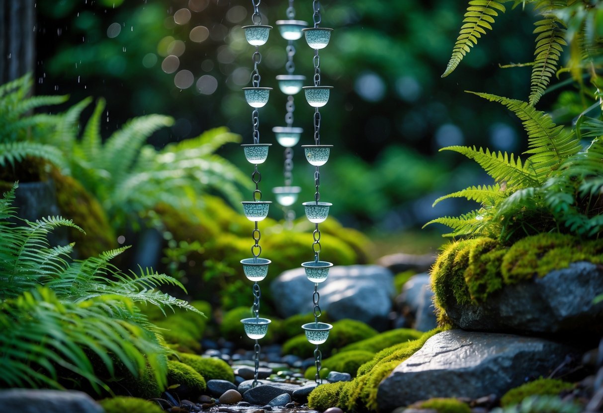 22+ Rain Chain Garden Ideas: Stunning Designs to Elevate Your Outdoor Space in the US 14 A rain chain hanging in a garden surrounded by green ferns and moss-covered rocks.