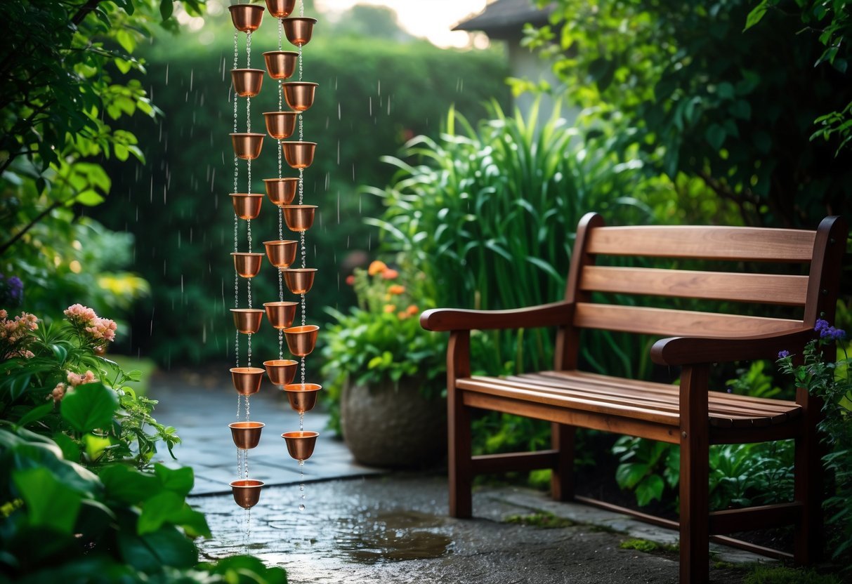22+ Rain Chain Garden Ideas: Stunning Designs to Elevate Your Outdoor Space in the US 15 A rain chain installed near a wooden garden bench surrounded by plants and flowers in a garden.