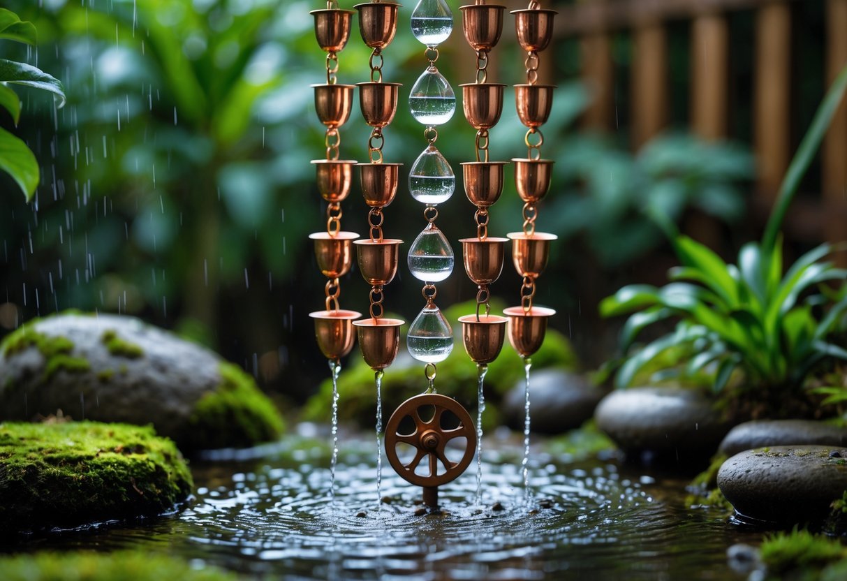 22+ Rain Chain Garden Ideas: Stunning Designs to Elevate Your Outdoor Space in the US 16 A rain chain with a miniature water wheel in a garden surrounded by green plants and stones, with water flowing down the chain.