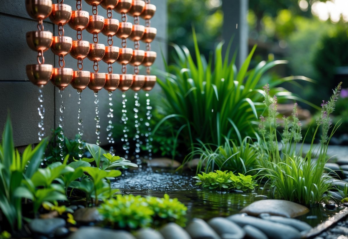 22+ Rain Chain Garden Ideas: Stunning Designs to Elevate Your Outdoor Space in the US 17 A rain chain directing water into a lush rain garden bed filled with green plants and flowers.
