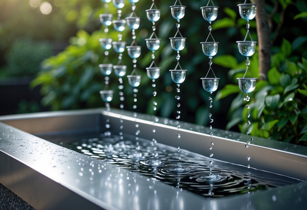 22+ Rain Chain Garden Ideas: Stunning Designs to Elevate Your Outdoor Space in the US 18 A rain chain made of linked metal cups feeding water into a rectangular metal trough surrounded by green plants.