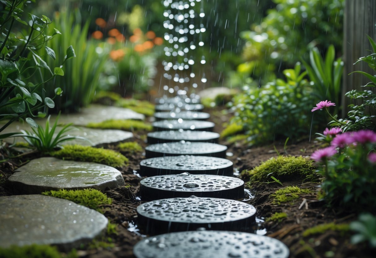 22+ Rain Chain Garden Ideas: Stunning Designs to Elevate Your Outdoor Space in the US 19 A rain chain next to a garden stepping stone path surrounded by green plants and flowers.