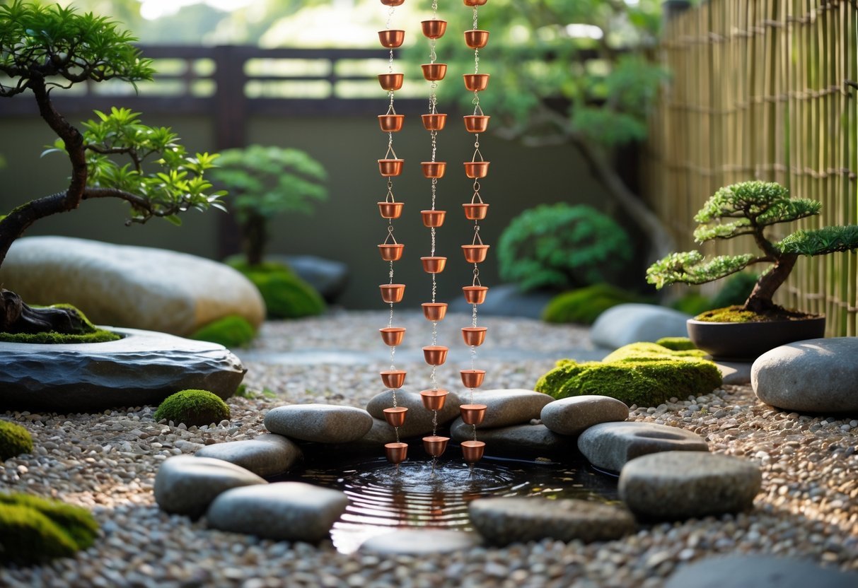 22+ Rain Chain Garden Ideas: Stunning Designs to Elevate Your Outdoor Space in the US 20 A Zen garden with a copper rain chain guiding water into a stone basin, surrounded by gravel, moss-covered rocks, bonsai trees, and bamboo fencing.