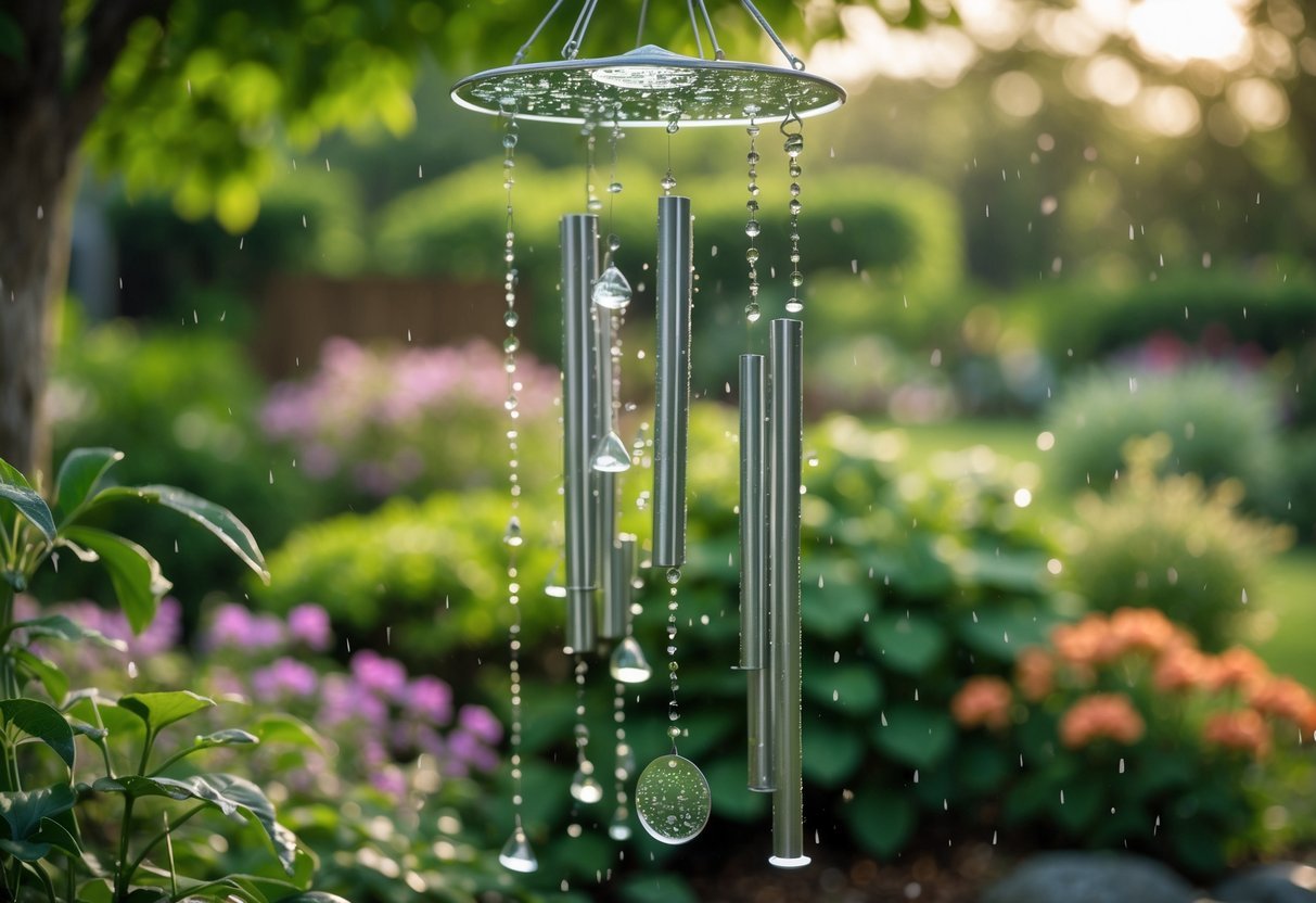 22+ Rain Chain Garden Ideas: Stunning Designs to Elevate Your Outdoor Space in the US 21 Rain chain with wind chimes hanging in a garden surrounded by green plants and flowers.