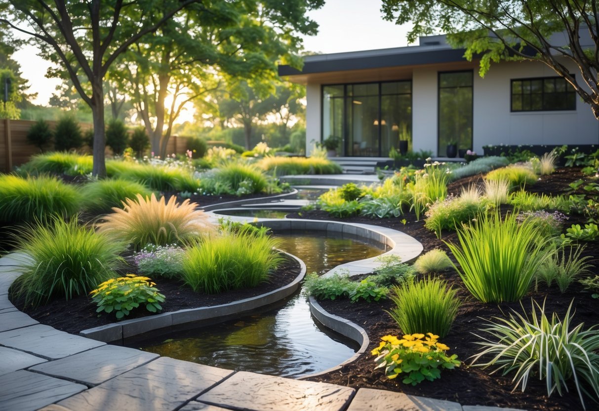 21+ Rain Garden Ideas: Essential Designs for Sustainable US Landscapes 2 A residential rain garden with diverse plants and a stone pathway collecting rainwater near a modern house.
