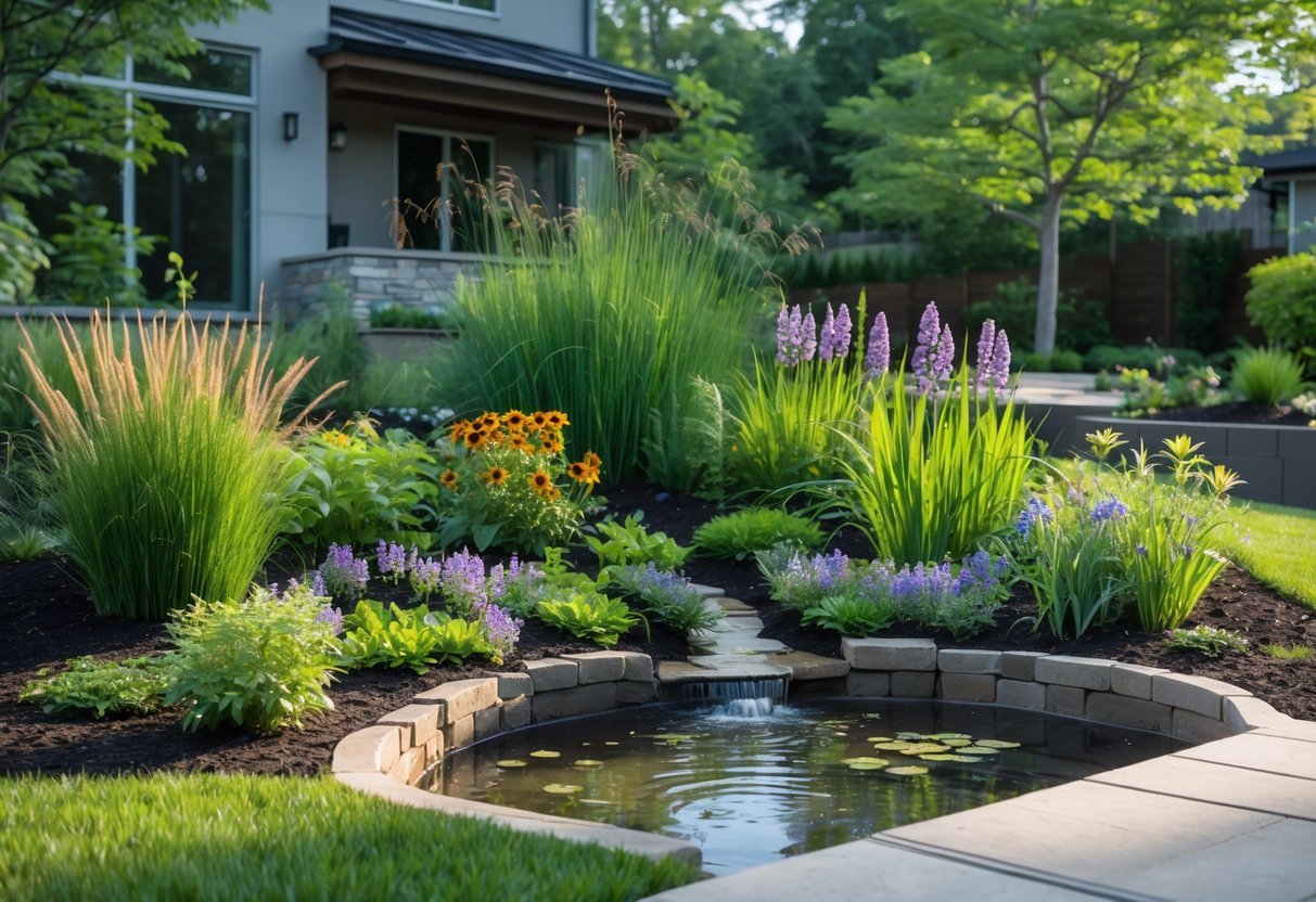 21+ Rain Garden Ideas: Essential Designs for Sustainable US Landscapes 3 A native plant rain garden with various green plants and colorful flowers arranged around a shallow basin in front of a house.