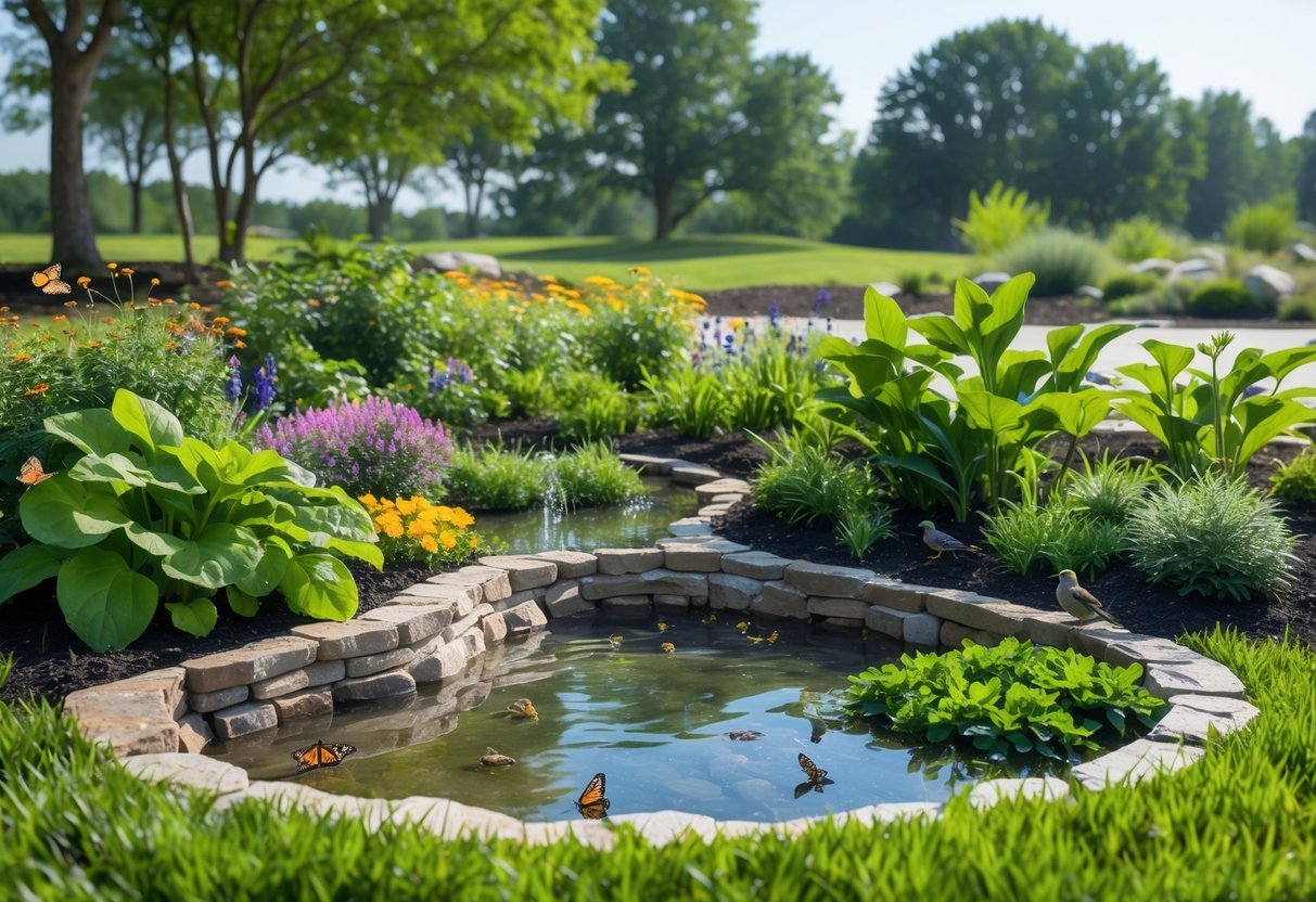 21+ Rain Garden Ideas: Essential Designs for Sustainable US Landscapes 4 A rain garden with native plants, wildflowers, butterflies, bees, and a small bird in a natural outdoor setting.