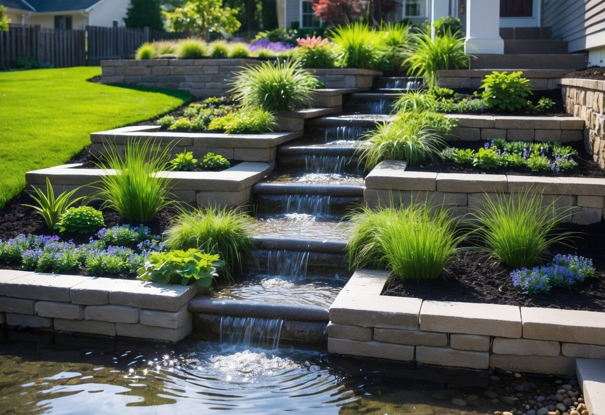 21+ Rain Garden Ideas: Essential Designs for Sustainable US Landscapes 5 A stepped rain garden with terraced levels of plants and stone walls, showing water flowing down the steps in a backyard.