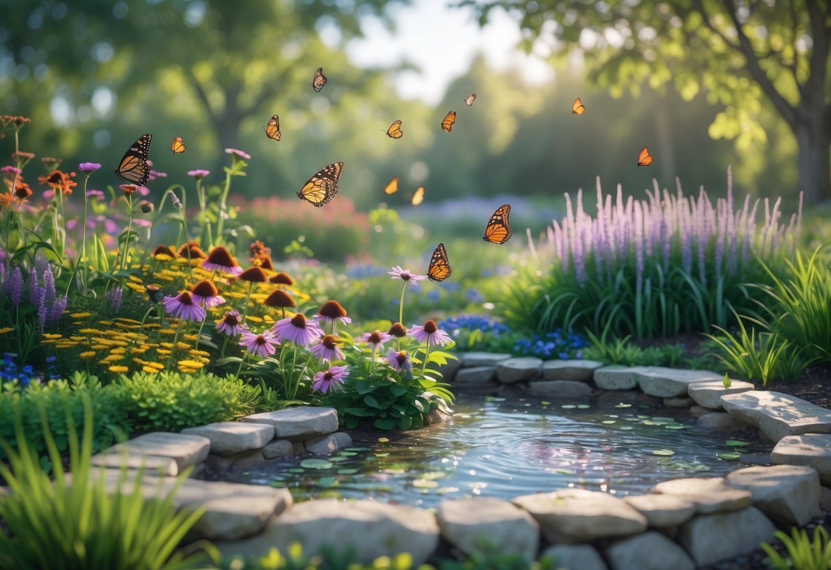 21+ Rain Garden Ideas: Essential Designs for Sustainable US Landscapes 6 A colorful rain garden filled with flowering plants and butterflies fluttering above, surrounded by green grass and trees.