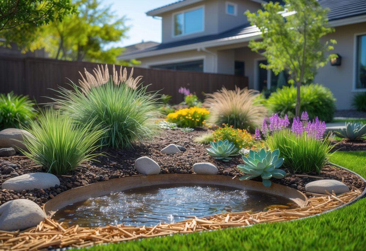 21+ Rain Garden Ideas: Essential Designs for Sustainable US Landscapes 7 A backyard rain garden with drought-tolerant plants, rocks, and mulch designed to capture and filter rainwater near a modern house.