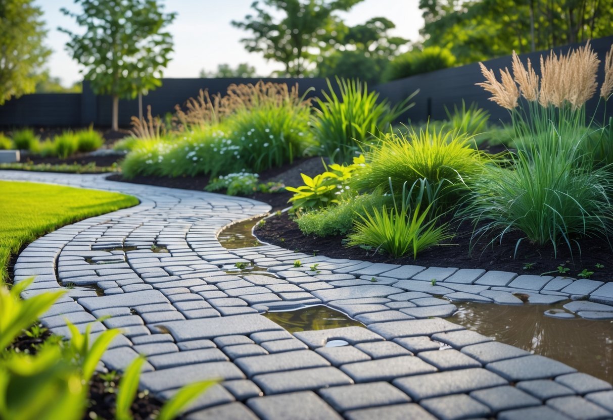 21+ Rain Garden Ideas: Essential Designs for Sustainable US Landscapes 8 A rain garden with permeable pavers surrounded by green plants and flowers, designed to collect and filter rainwater.