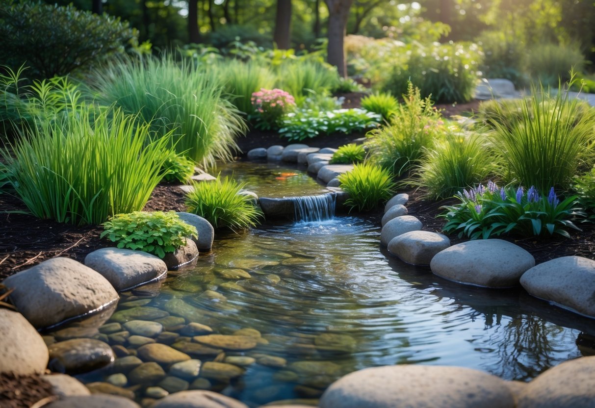 21+ Rain Garden Ideas: Essential Designs for Sustainable US Landscapes 9 A rain garden with a small water feature surrounded by green plants, flowers, and stones.