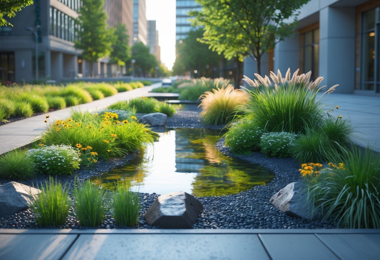 21+ Rain Garden Ideas: Essential Designs for Sustainable US Landscapes 10 An urban rain garden with green plants and flowers surrounded by sidewalks and buildings in a city setting.