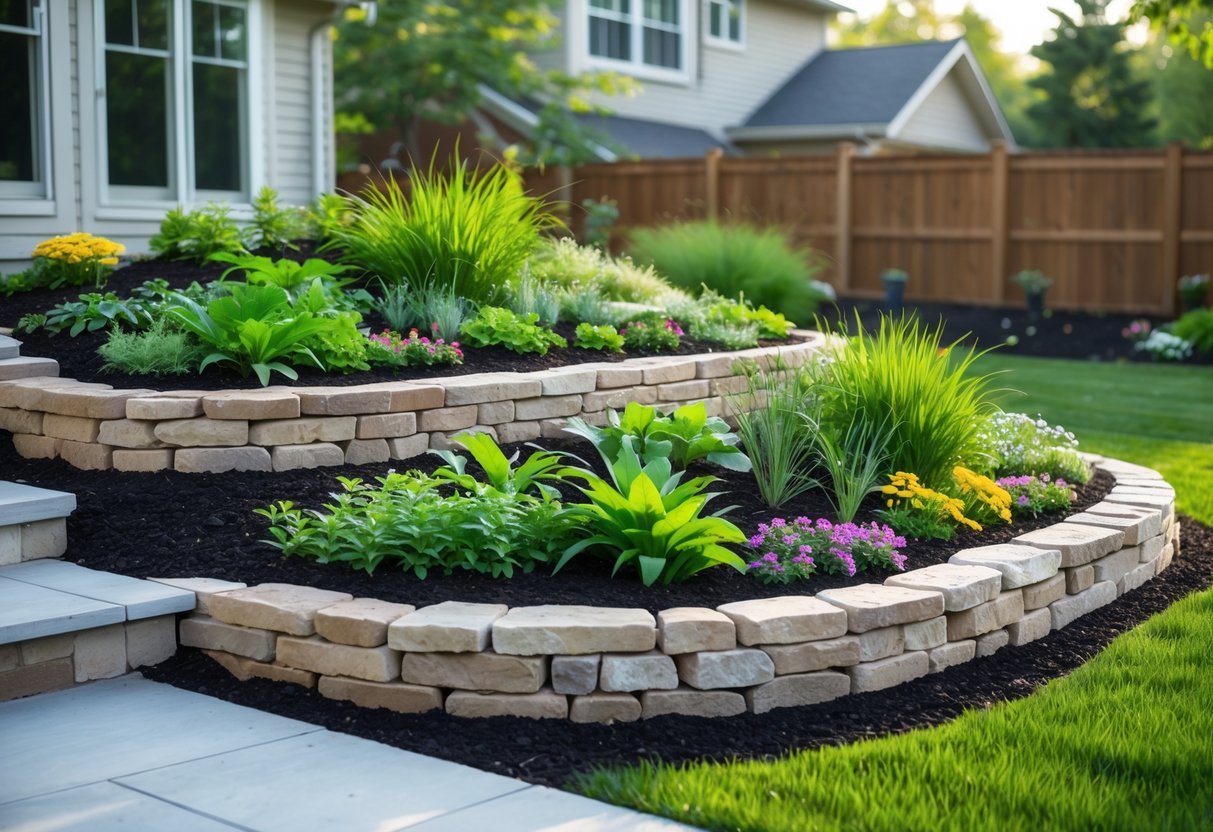 21+ Rain Garden Ideas: Essential Designs for Sustainable US Landscapes 11 A raised rain garden with stone walls, green plants, and colorful flowers in a backyard near a house.