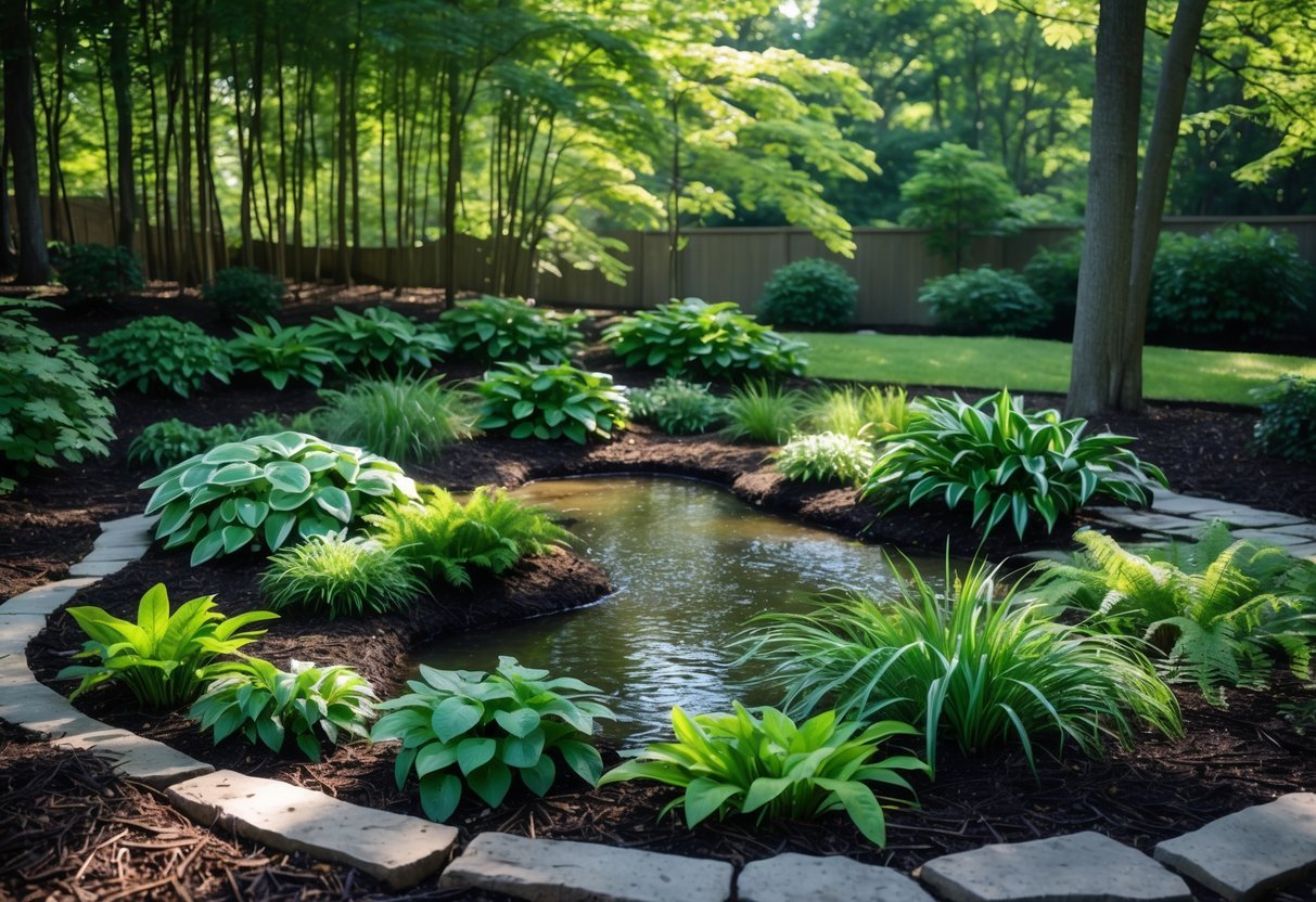 21+ Rain Garden Ideas: Essential Designs for Sustainable US Landscapes 12 A rain garden with shade-tolerant plants including ferns and hostas under tall trees, showing a natural basin for collecting rainwater.