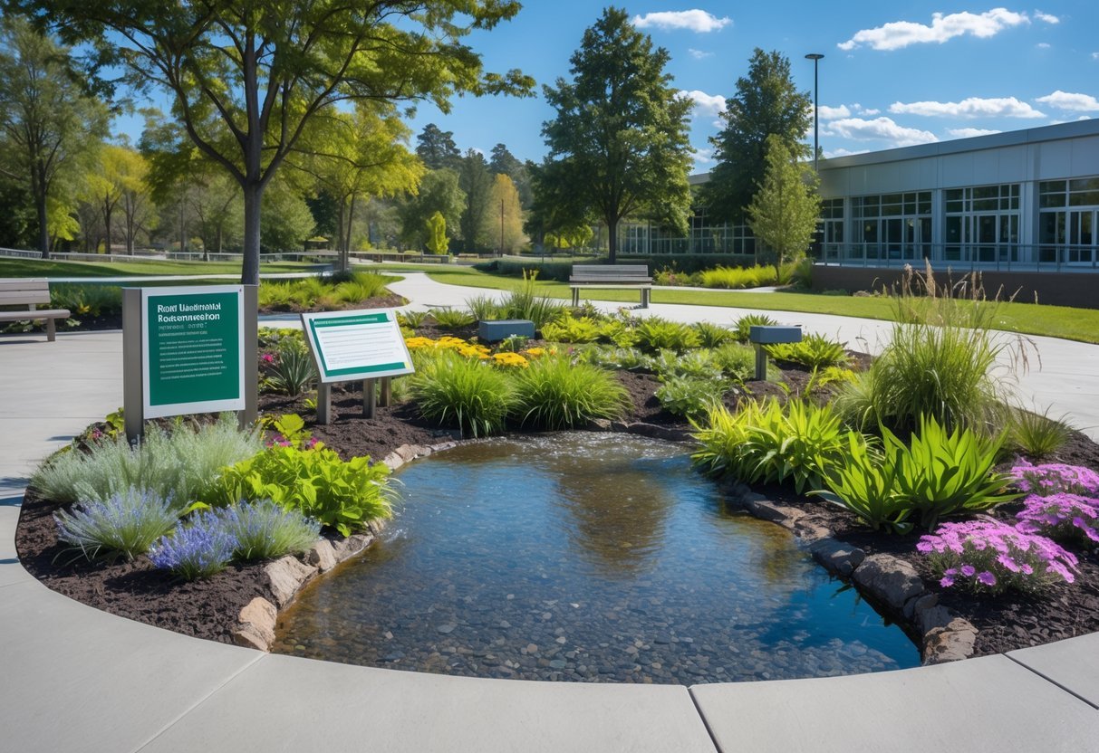 21+ Rain Garden Ideas: Essential Designs for Sustainable US Landscapes 13 A rain garden with diverse plants and flowers arranged around a shallow basin, surrounded by pathways and benches, with trees and a building in the background.