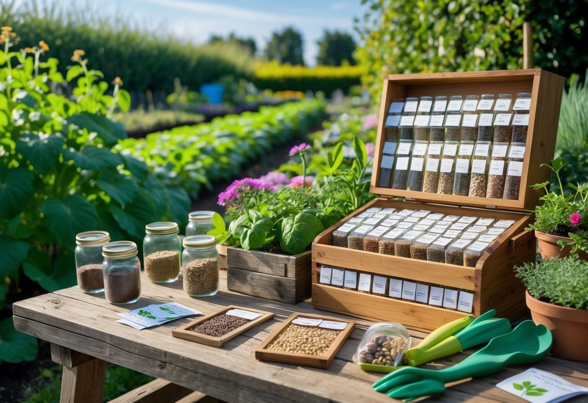 16+ Garden Ideas for Seed Saving Stations to Maximize Your US Home Harvest 2 A garden seed saving station with wooden boxes and glass jars filled with seeds on a wooden table surrounded by green plants and gardening tools.