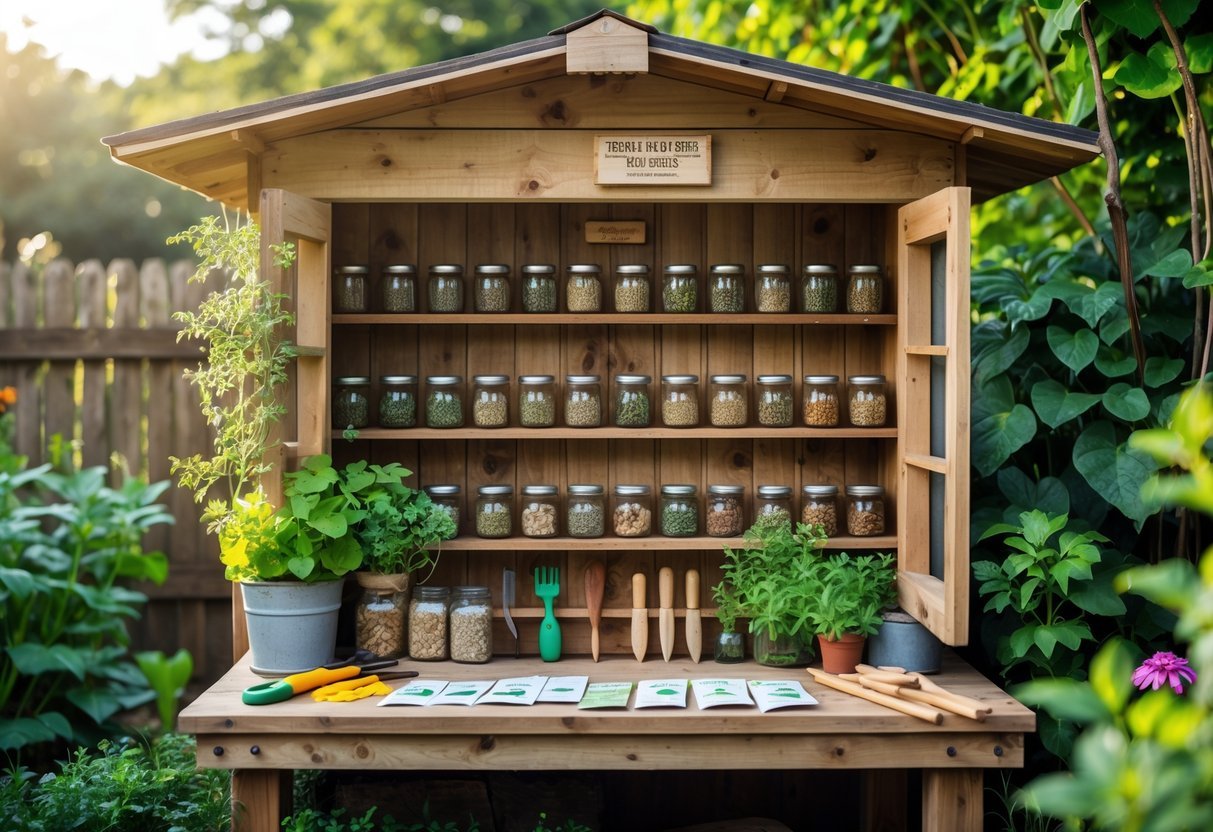 16+ Garden Ideas for Seed Saving Stations to Maximize Your US Home Harvest 3 A rustic wooden shed used as a garden seed saving station with jars and envelopes of seeds, surrounded by plants and gardening tools.