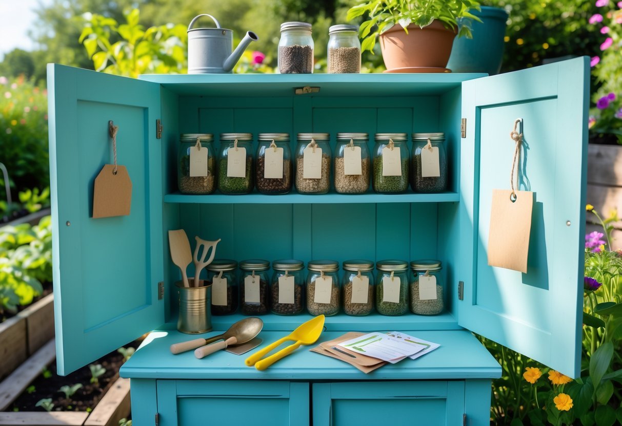16+ Garden Ideas for Seed Saving Stations to Maximize Your US Home Harvest 4 An outdoor garden scene featuring an upcycled cabinet used as a seed bank station with jars and envelopes of seeds, gardening tools, and plants around it.