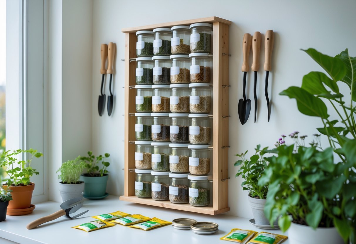 16+ Garden Ideas for Seed Saving Stations to Maximize Your US Home Harvest 5 A vertical wall-mounted seed organizer with multiple jars of seeds arranged neatly on a wall, surrounded by gardening tools and potted plants.