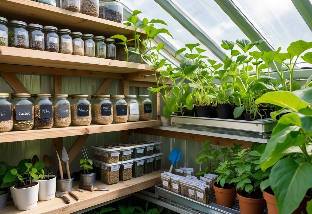 16+ Garden Ideas for Seed Saving Stations to Maximize Your US Home Harvest 6 A greenhouse corner with shelves holding jars of seeds, seed packets, gardening tools, and potted plants bathed in natural sunlight.
