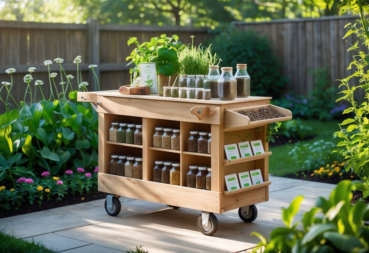16+ Garden Ideas for Seed Saving Stations to Maximize Your US Home Harvest 7 A wooden mobile garden cart with jars of seeds and gardening tools in a green garden setting.