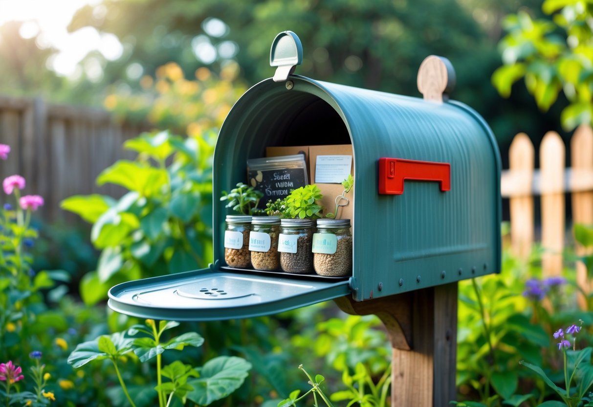 16+ Garden Ideas for Seed Saving Stations to Maximize Your US Home Harvest 8 A repurposed mailbox mounted on a wooden post in a garden, open to reveal organized seed packets and gardening tools surrounded by green plants and flowers.
