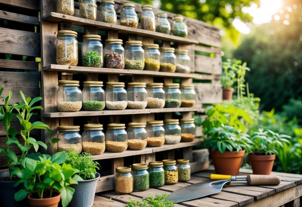 16+ Garden Ideas for Seed Saving Stations to Maximize Your US Home Harvest 9 A wooden pallet wall with glass jars of seeds arranged on it, surrounded by small plants and gardening tools in an outdoor garden setting.