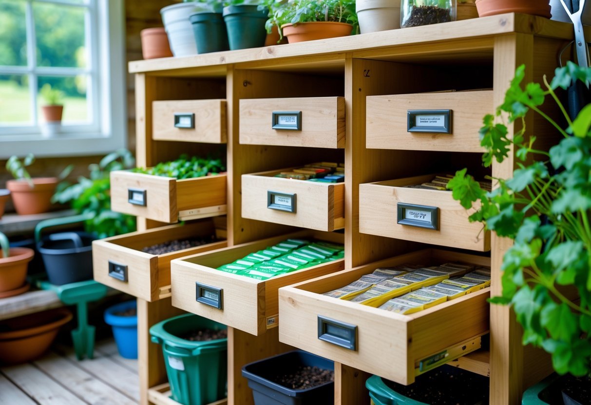 16+ Garden Ideas for Seed Saving Stations to Maximize Your US Home Harvest 10 An organized garden tool shed with a wooden seed drawer system containing seed packets and gardening supplies.