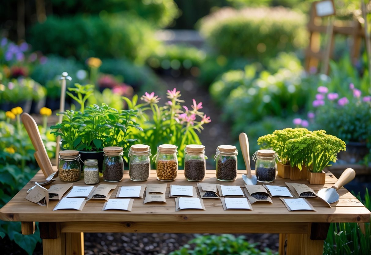 16+ Garden Ideas for Seed Saving Stations to Maximize Your US Home Harvest 11 An outdoor wooden table with jars and envelopes of seeds surrounded by plants and gardening tools in a garden setting.