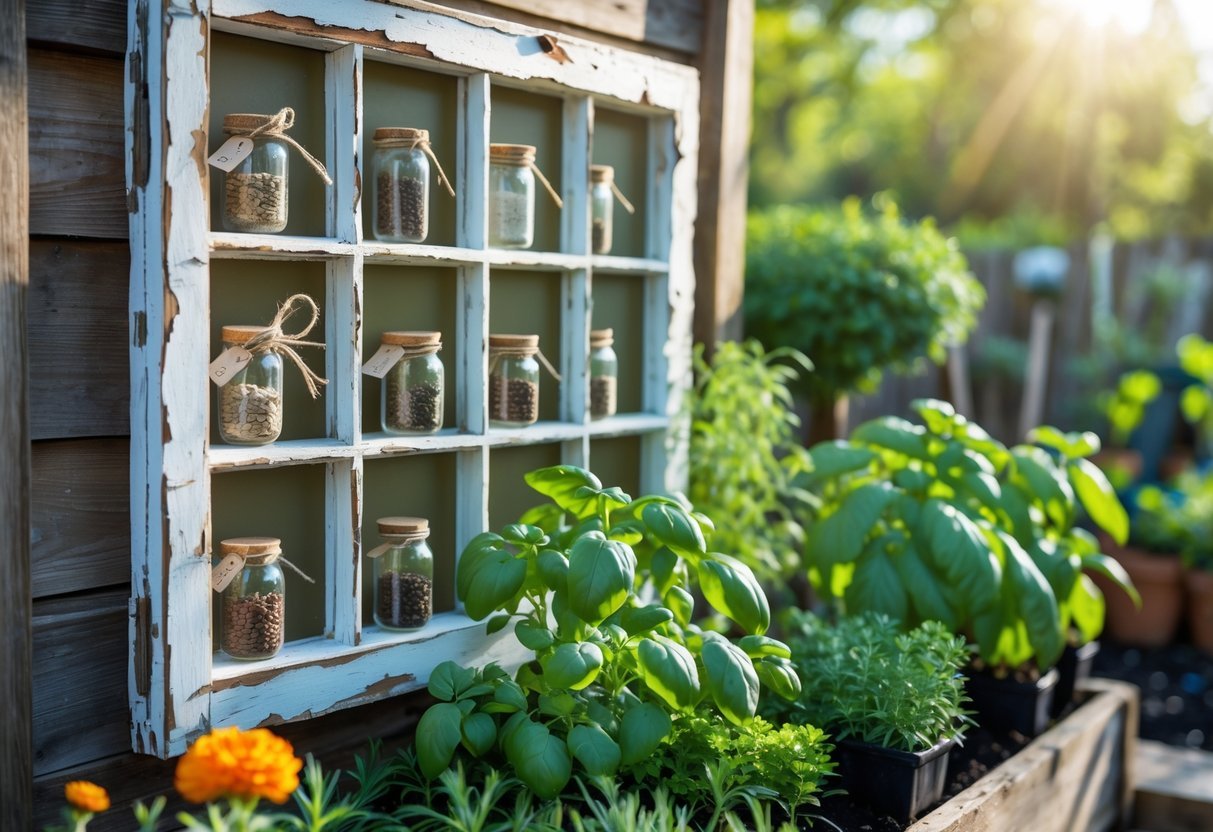16+ Garden Ideas for Seed Saving Stations to Maximize Your US Home Harvest 12 A recycled wooden window frame used as a garden seed saving station with jars and envelopes of seeds surrounded by green plants and herbs.