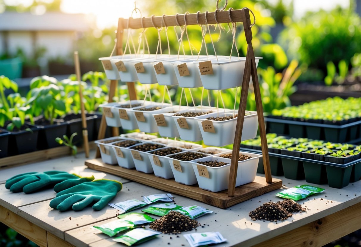 16+ Garden Ideas for Seed Saving Stations to Maximize Your US Home Harvest 13 A hanging basket seed organizer with multiple small containers holding various seeds, surrounded by gardening tools and plants in a garden workspace.