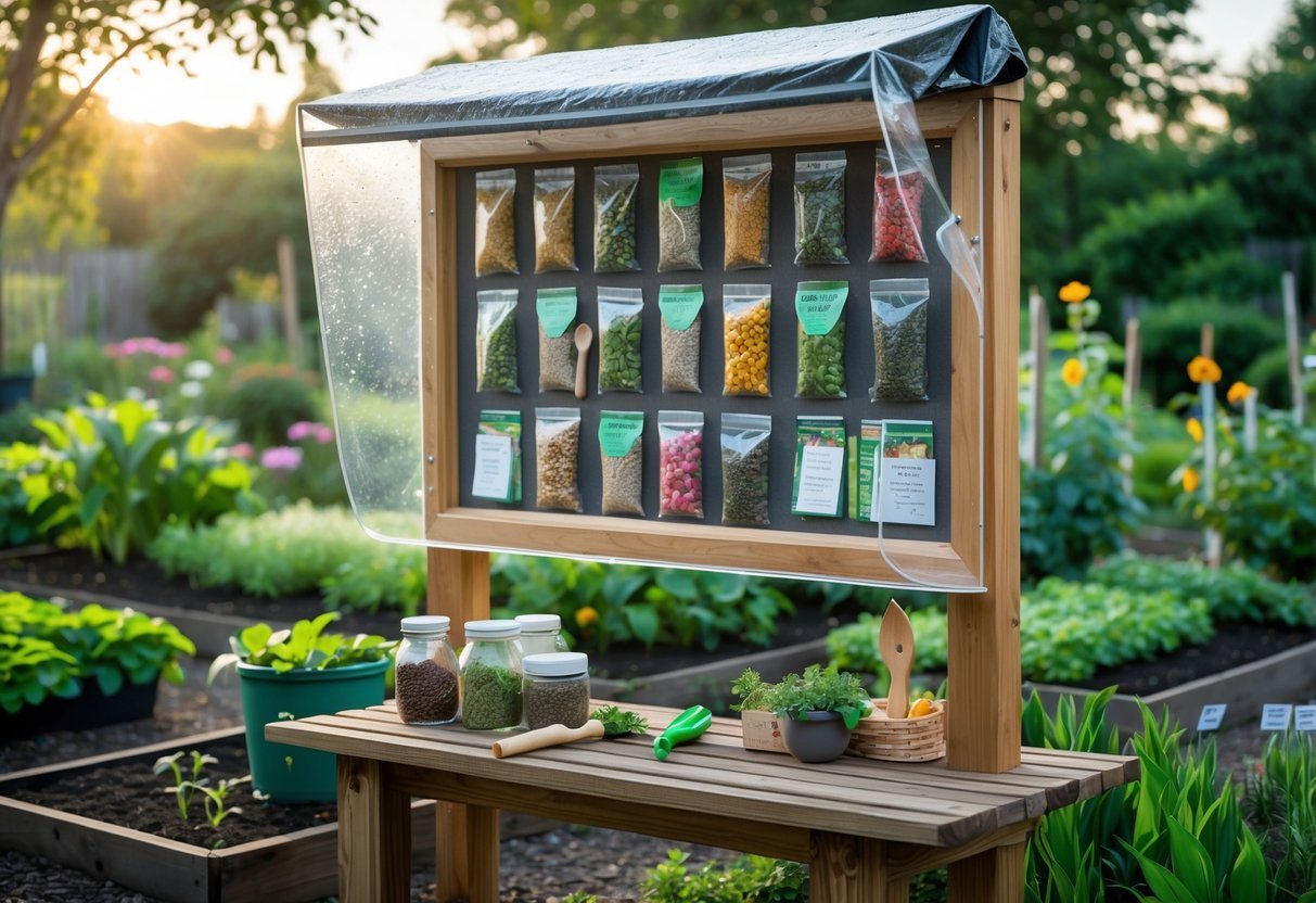 16+ Garden Ideas for Seed Saving Stations to Maximize Your US Home Harvest 14 Outdoor rain-proof bulletin board station with seed packets, gardening tools, and jars in a garden setting surrounded by plants and garden beds.