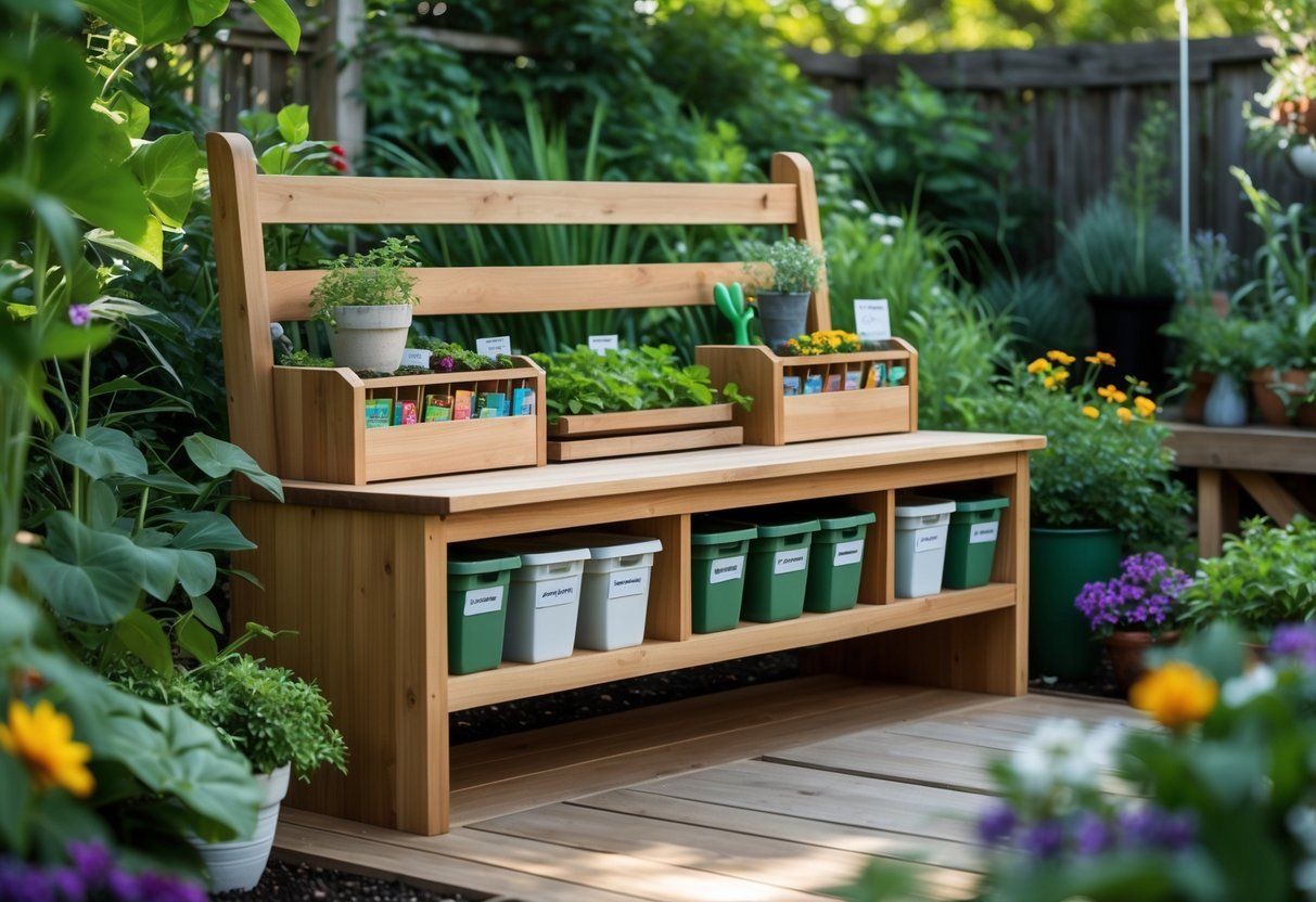 16+ Garden Ideas for Seed Saving Stations to Maximize Your US Home Harvest 15 A wooden garden bench with hidden storage compartments open, showing seed saving supplies, surrounded by plants and flowers in a garden.