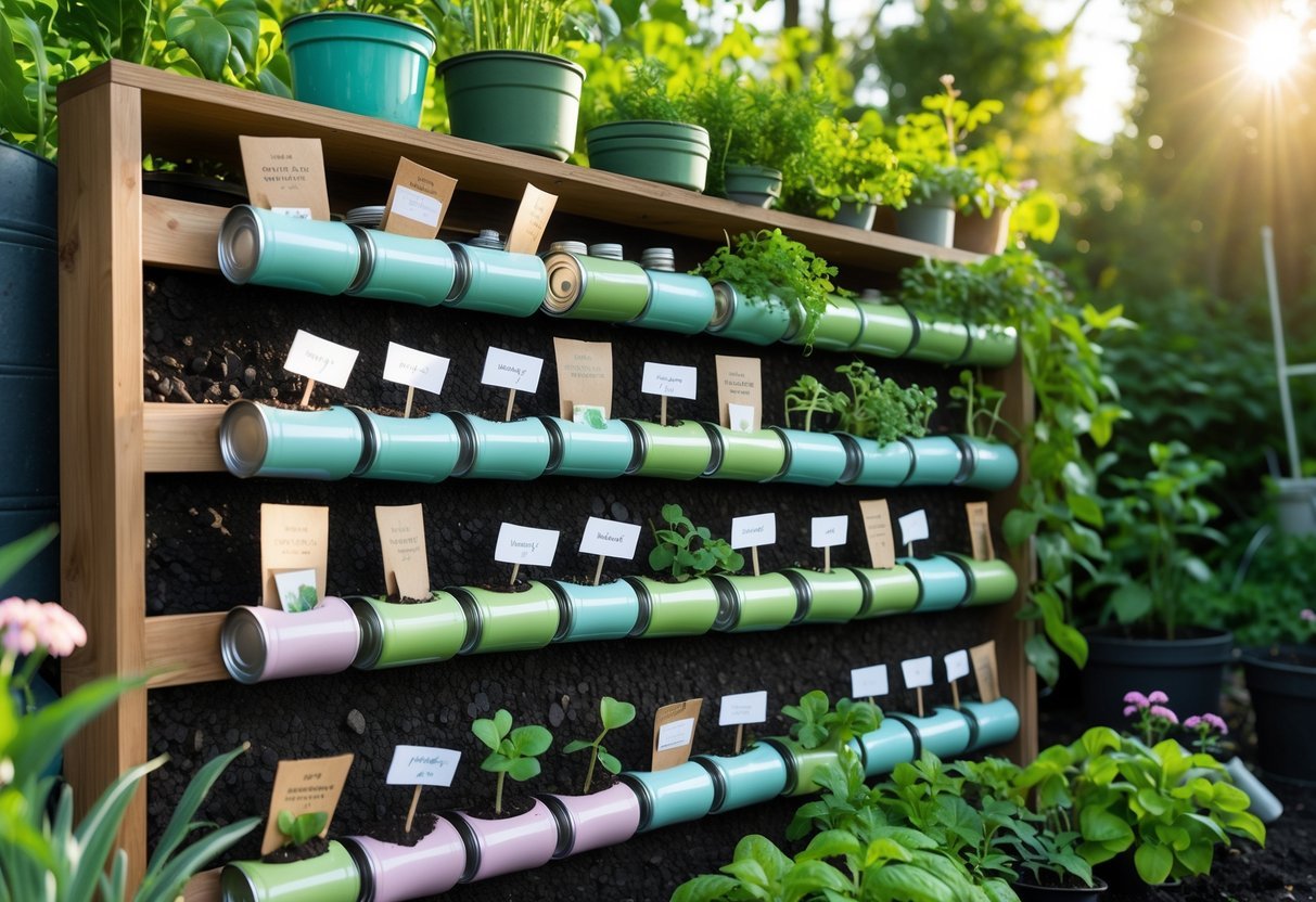 16+ Garden Ideas for Seed Saving Stations to Maximize Your US Home Harvest 16 A garden seed saving station made from reused tin cans arranged as shelves holding seed packets and gardening tools, surrounded by plants and flowers.