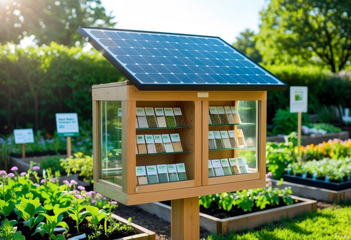 16+ Garden Ideas for Seed Saving Stations to Maximize Your US Home Harvest 17 A solar-powered seed kiosk in a vibrant garden with raised beds and plants, showing compartments with seed packets and a solar panel on top.