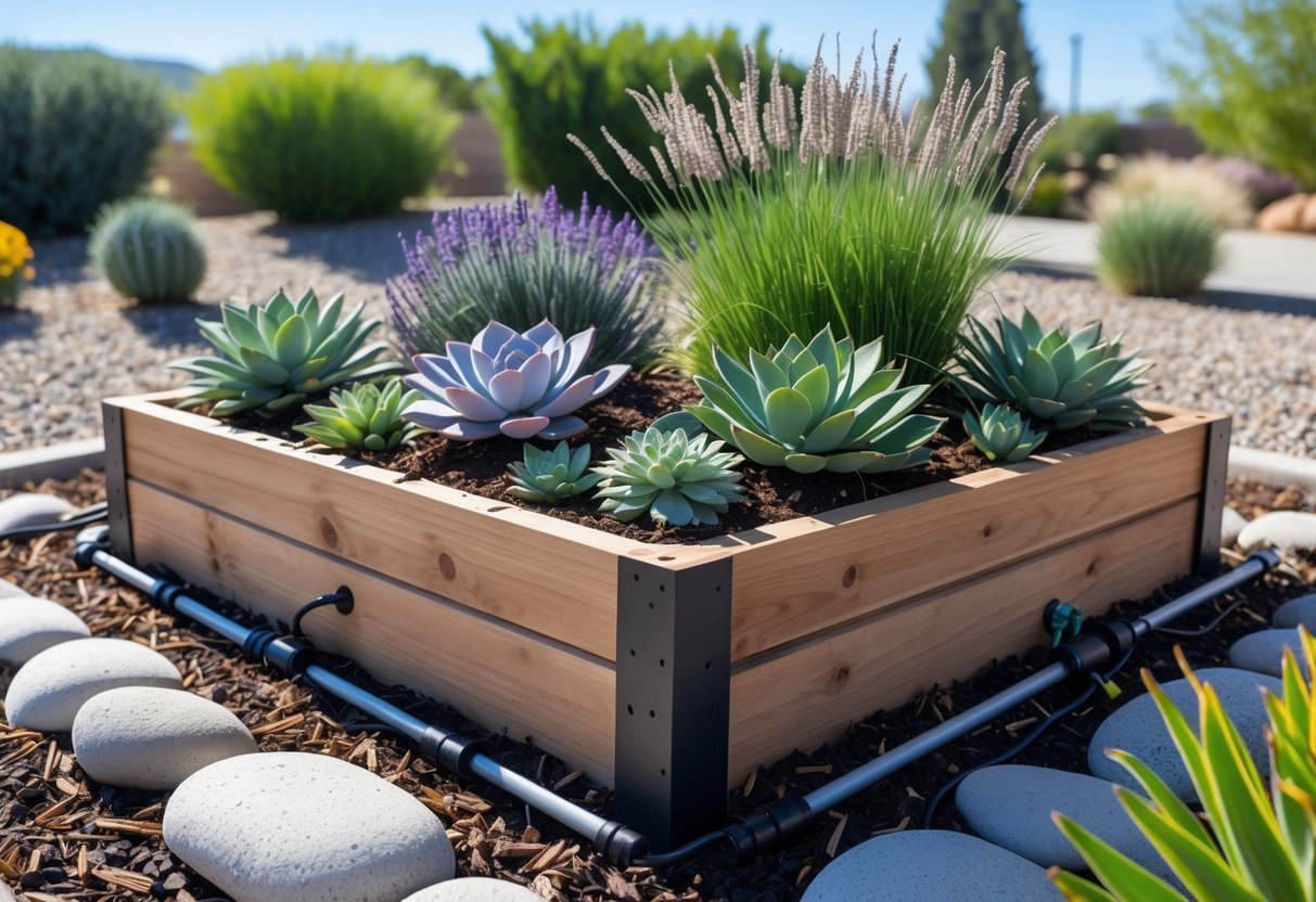 21+ Drought Proof Garden Bed Ideas: Essential Techniques for Thriving US Gardens 2 A raised wooden garden bed filled with drought-tolerant plants like succulents and lavender, surrounded by mulch and decorative stones in a sunny outdoor garden.