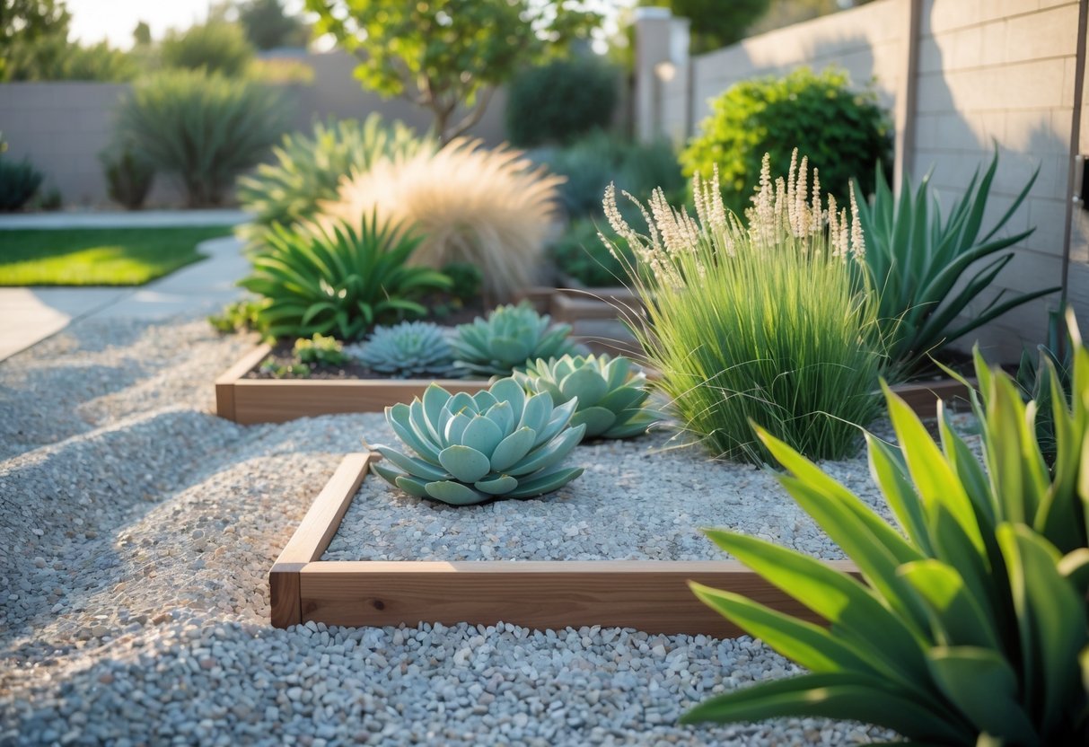 21+ Drought Proof Garden Bed Ideas: Essential Techniques for Thriving US Gardens 3 A garden with gravel-covered mulched beds filled with drought-tolerant plants like succulents and grasses under a clear sky.