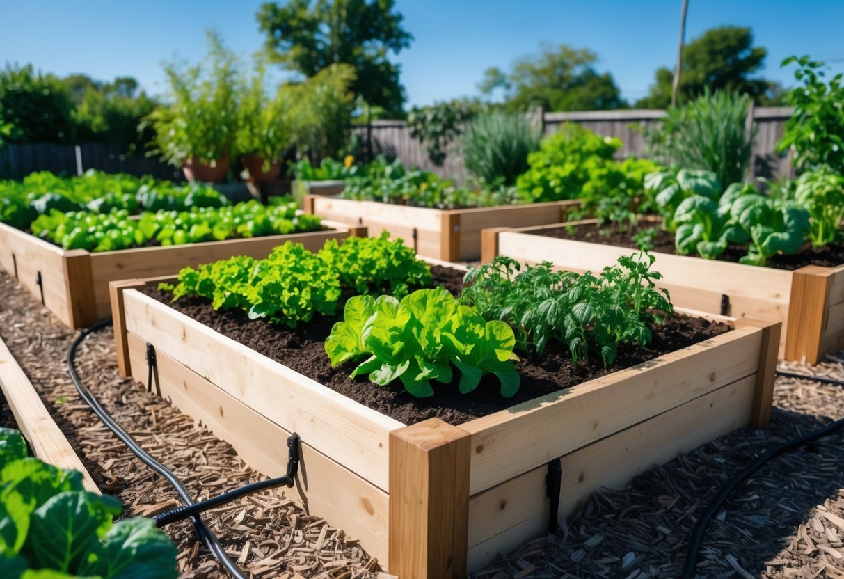 21+ Drought Proof Garden Bed Ideas: Essential Techniques for Thriving US Gardens 4 Raised wooden garden beds with green plants and drip irrigation tubes in an outdoor drought-resistant garden.