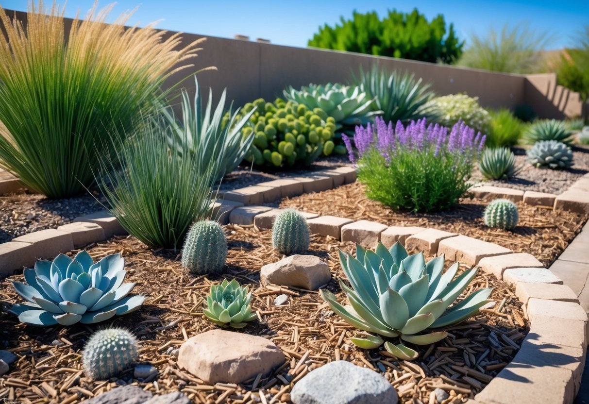 21+ Drought Proof Garden Bed Ideas: Essential Techniques for Thriving US Gardens 5 A garden with drought-tolerant plants arranged in neat beds bordered by natural stones under clear blue skies.