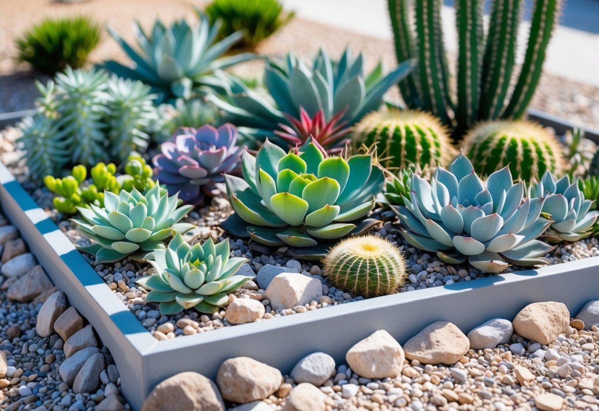 21+ Drought Proof Garden Bed Ideas: Essential Techniques for Thriving US Gardens 6 A garden bed filled with various succulents and cacti, surrounded by decorative rocks in a sunny outdoor setting.