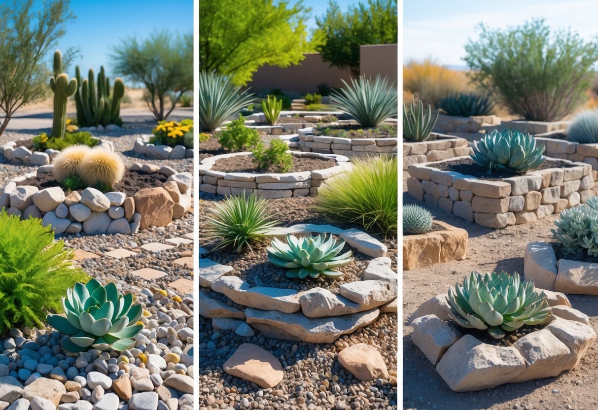 21+ Drought Proof Garden Bed Ideas: Essential Techniques for Thriving US Gardens 7 Five outdoor rock garden beds filled with drought-tolerant plants like succulents and cacti under a clear blue sky.