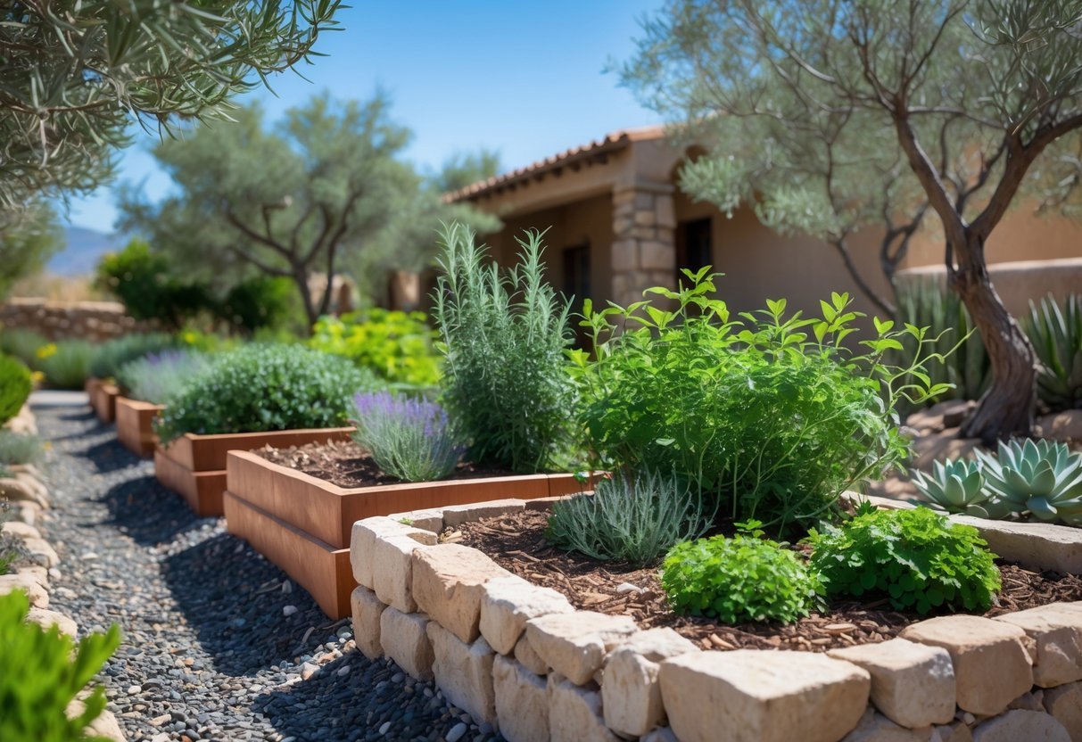 21+ Drought Proof Garden Bed Ideas: Essential Techniques for Thriving US Gardens 8 A sunlit Mediterranean herb garden with raised stone beds containing rosemary, thyme, lavender, and other drought-tolerant plants, surrounded by gravel paths and olive trees under a clear blue sky.