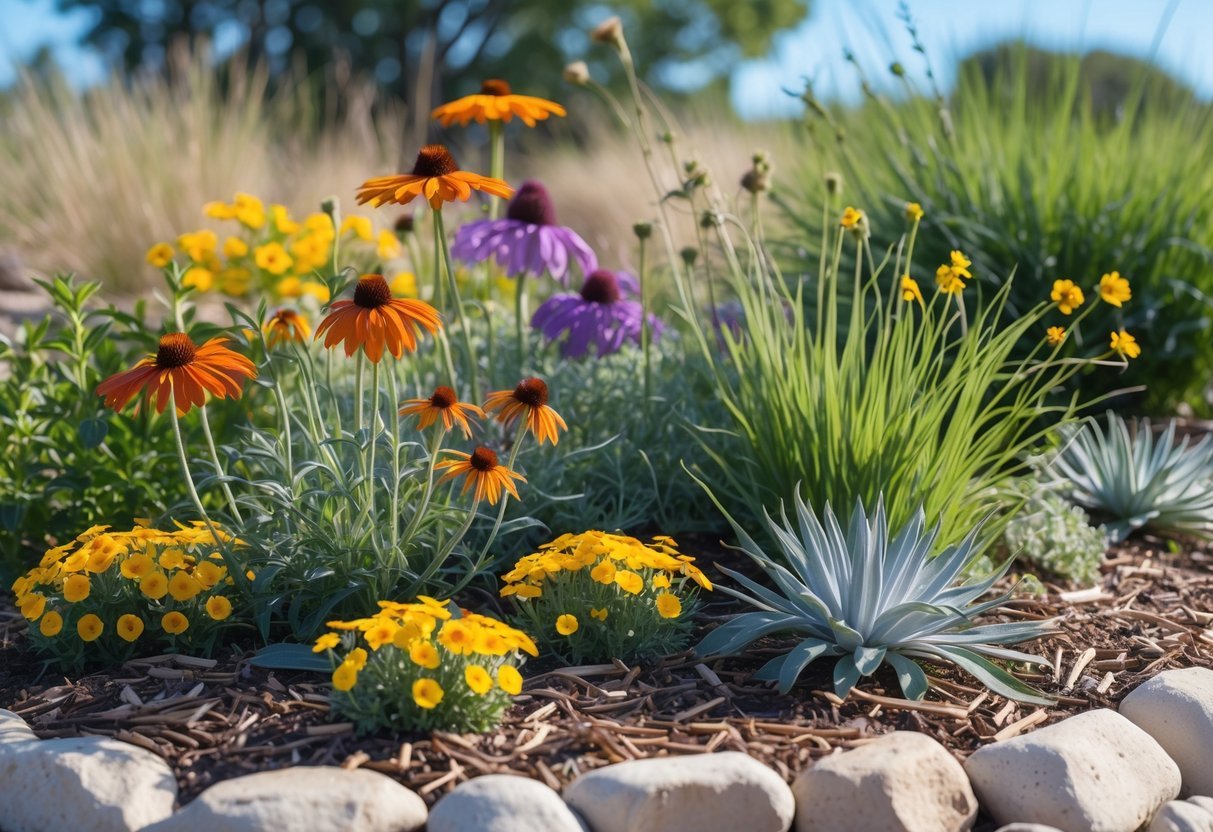 21+ Drought Proof Garden Bed Ideas: Essential Techniques for Thriving US Gardens 9 A colorful native wildflower garden bed with drought-tolerant plants and natural mulch under a clear blue sky.