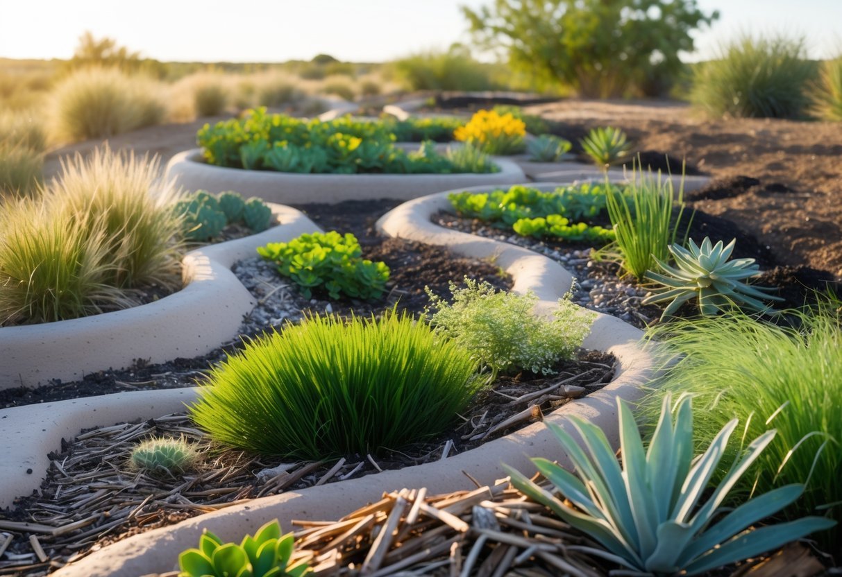 21+ Drought Proof Garden Bed Ideas: Essential Techniques for Thriving US Gardens 10 A garden with sloping earth swale beds planted with drought-resistant plants and mulch under a clear sunny sky.