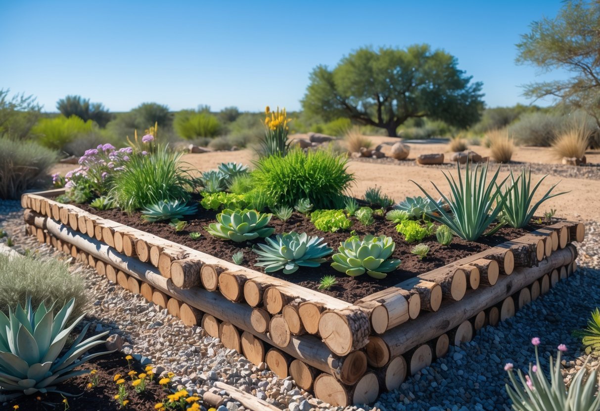 21+ Drought Proof Garden Bed Ideas: Essential Techniques for Thriving US Gardens 11 A raised garden bed made of logs and soil with drought-tolerant plants growing outdoors under a clear sky.