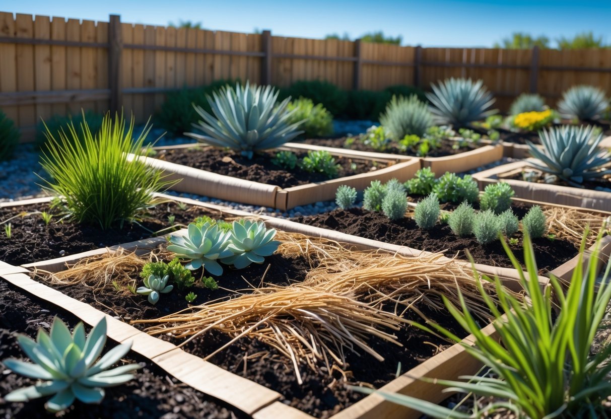 21+ Drought Proof Garden Bed Ideas: Essential Techniques for Thriving US Gardens 12 A garden with multiple sheet mulching beds covered in organic materials and drought-tolerant plants growing under clear sunlight.