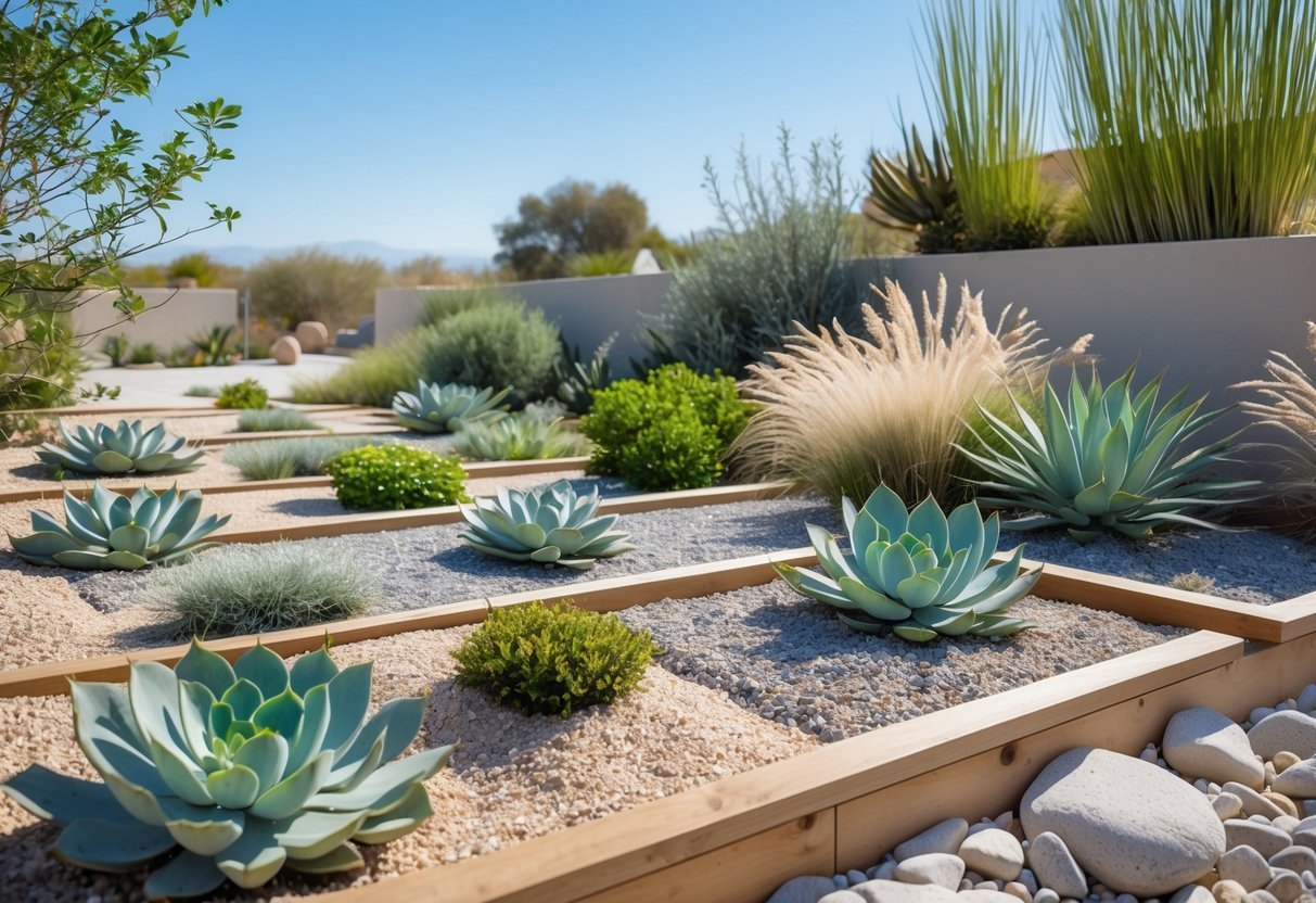 21+ Drought Proof Garden Bed Ideas: Essential Techniques for Thriving US Gardens 13 A drought-proof garden with sand and gravel beds planted with succulents and drought-resistant shrubs under a clear blue sky.