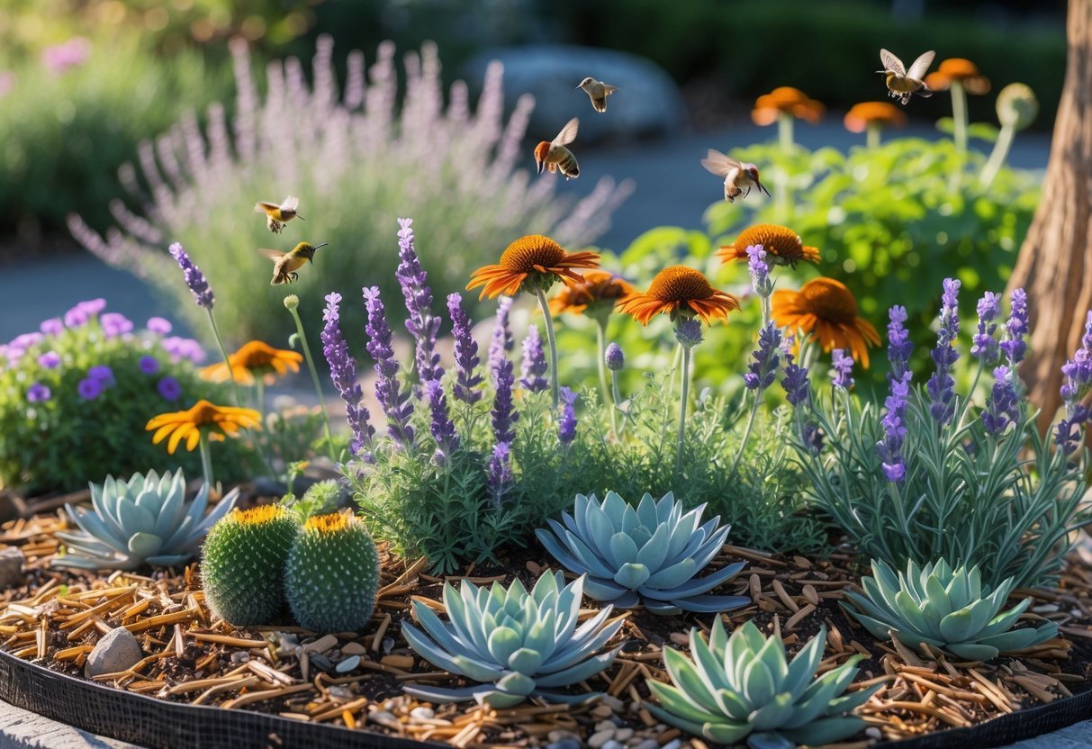 21+ Drought Proof Garden Bed Ideas: Essential Techniques for Thriving US Gardens 14 A garden bed with drought-tolerant flowering plants visited by bees, butterflies, and hummingbirds on a sunny day.