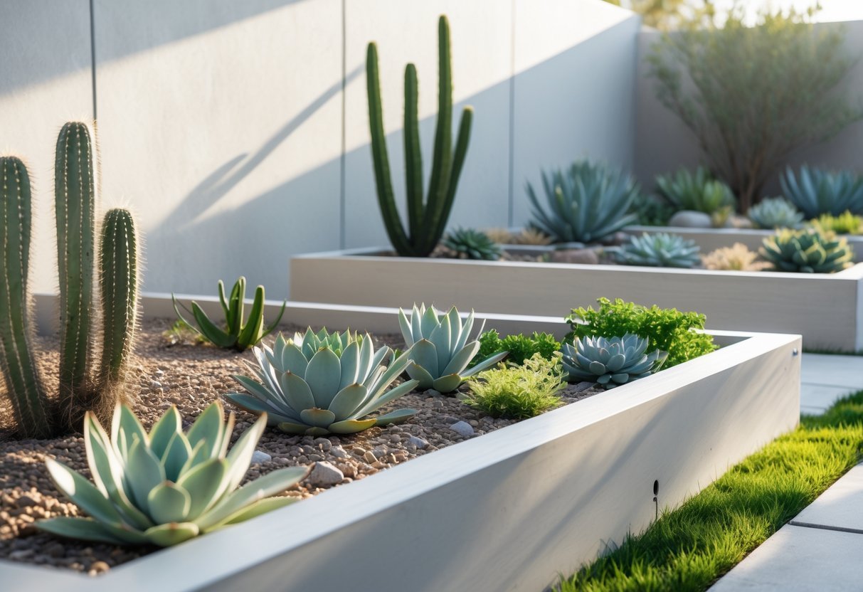 21+ Drought Proof Garden Bed Ideas: Essential Techniques for Thriving US Gardens 15 Outdoor scene with modern raised garden beds filled with drought-resistant plants like succulents and cacti in a minimalist setting.